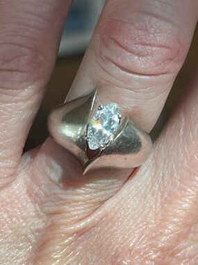 Vintage Signed Korea DQ CZ Sterling Silver Marquise Statement Ring Size 4.75